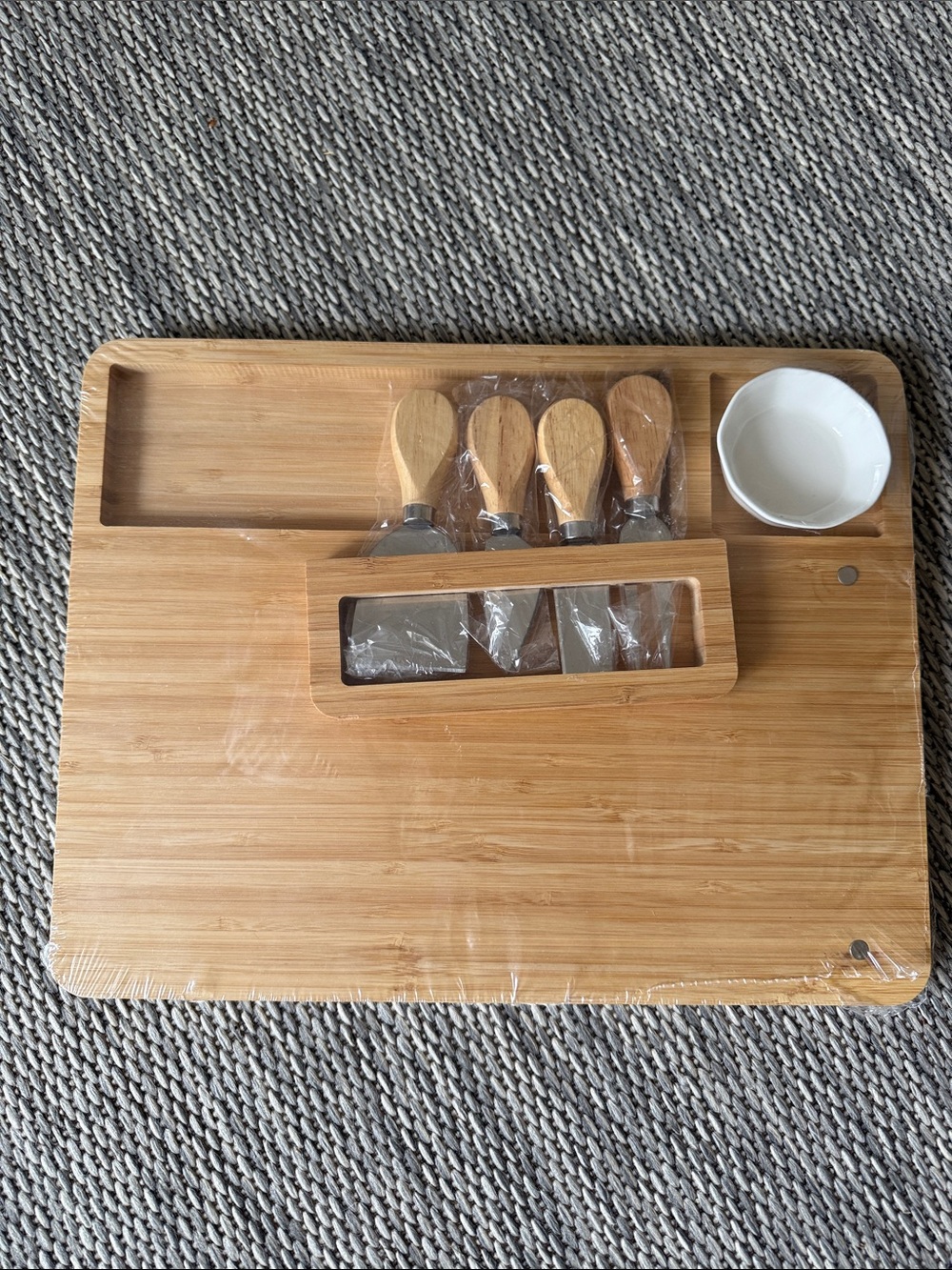 Bamboo Cheese Board Set with 4 Cheese Knives and Dip Bowl - Natural Bamboo